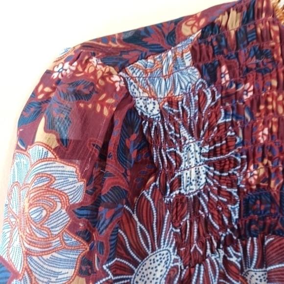 Living Doll Turtleneck Print Blouse Ruffles Semi Sheer Blue Print High Neck Sz M - Picture 4 of 7